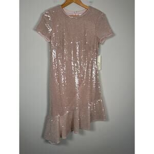 Eliza J Womens Asymmetric Short Sheath Dress Pink Sequin Size 8 Ruffle Hem